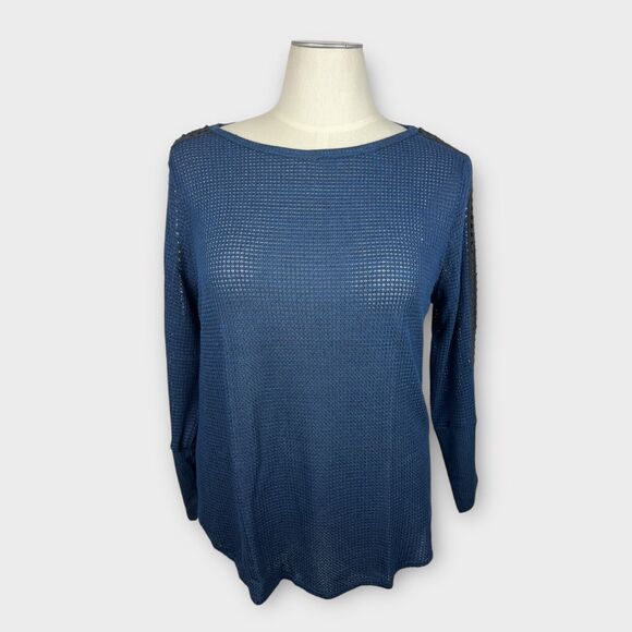Soft Surroundings Bailey Waffle Knit Dark Blue Thermal Crochet Top Petite Large - Picture 2 of 10